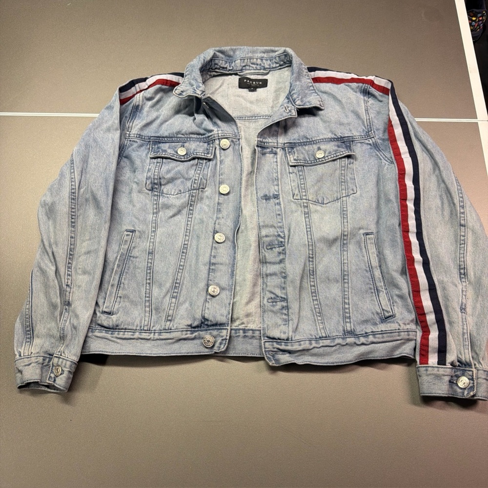 Vintage Y2K PACSUN Denim Jean‎ Jacket Striped Sleeve Light Wash unisex Medium